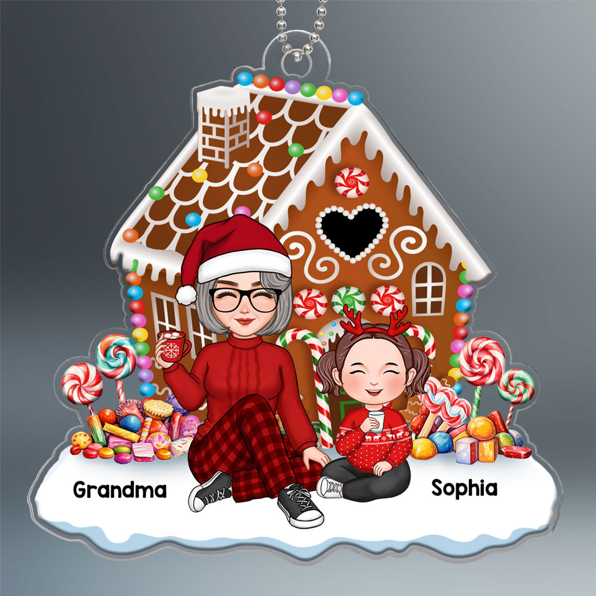 Cute Grandma & Grandkids Granddaughters Grandsons Sitting Christmas Gingerbread House Personalized Acrylic Ornament
