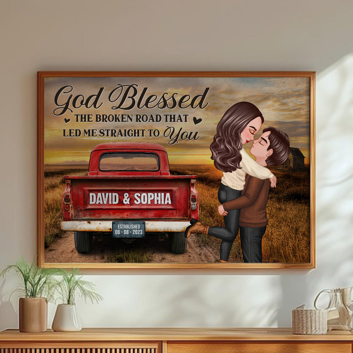 Rustic Nostalgia Red Truck Couple Hugging Kissing - Personalized Poster - Heartfelt Valentine, Anniversary Gift For Him, For Her, Farmhouse Decor
