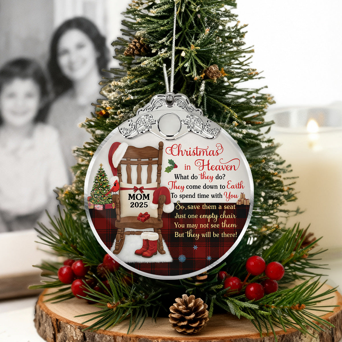 Christmas In Heaven Checkered Theme - Personalized Glass Ornament With Silver Cap - Christmas Memorial Keepsake For Family