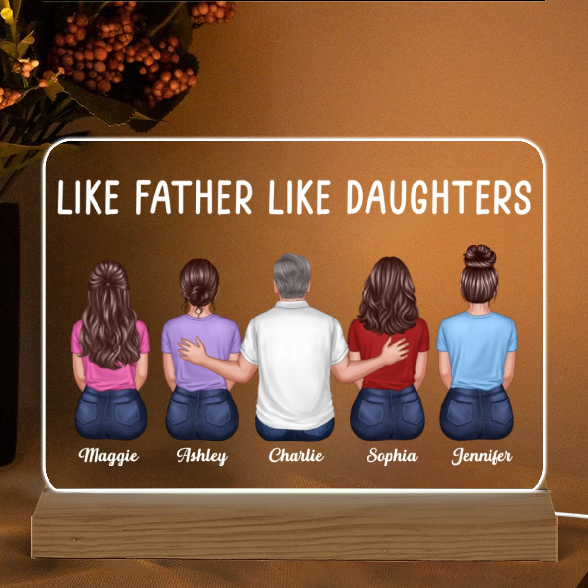 Like Father Like Daughter Son Back View Dad And Daughters Sons Sitting Personalized Custom Shape Acrylic Plaque Warm LED Night Light