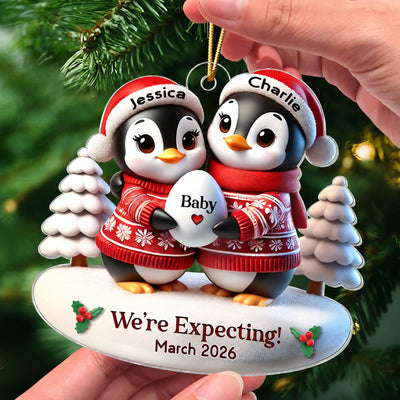3D Effect Cute Penguin Couple Expecting Parents Pregnancy Announcement Keepsake Personalized Acrylic Ornament