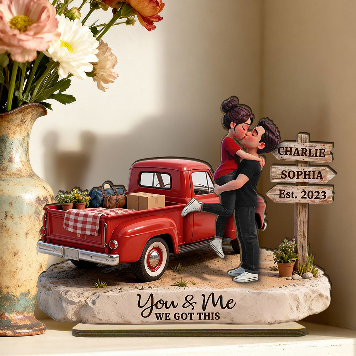 Romantic Couple Pickup Truck Sign Post - Personalized 2-Layered Wooden Plaque - Heartfelt Valentine's Day Gift For Couple, Farmhouse Decor