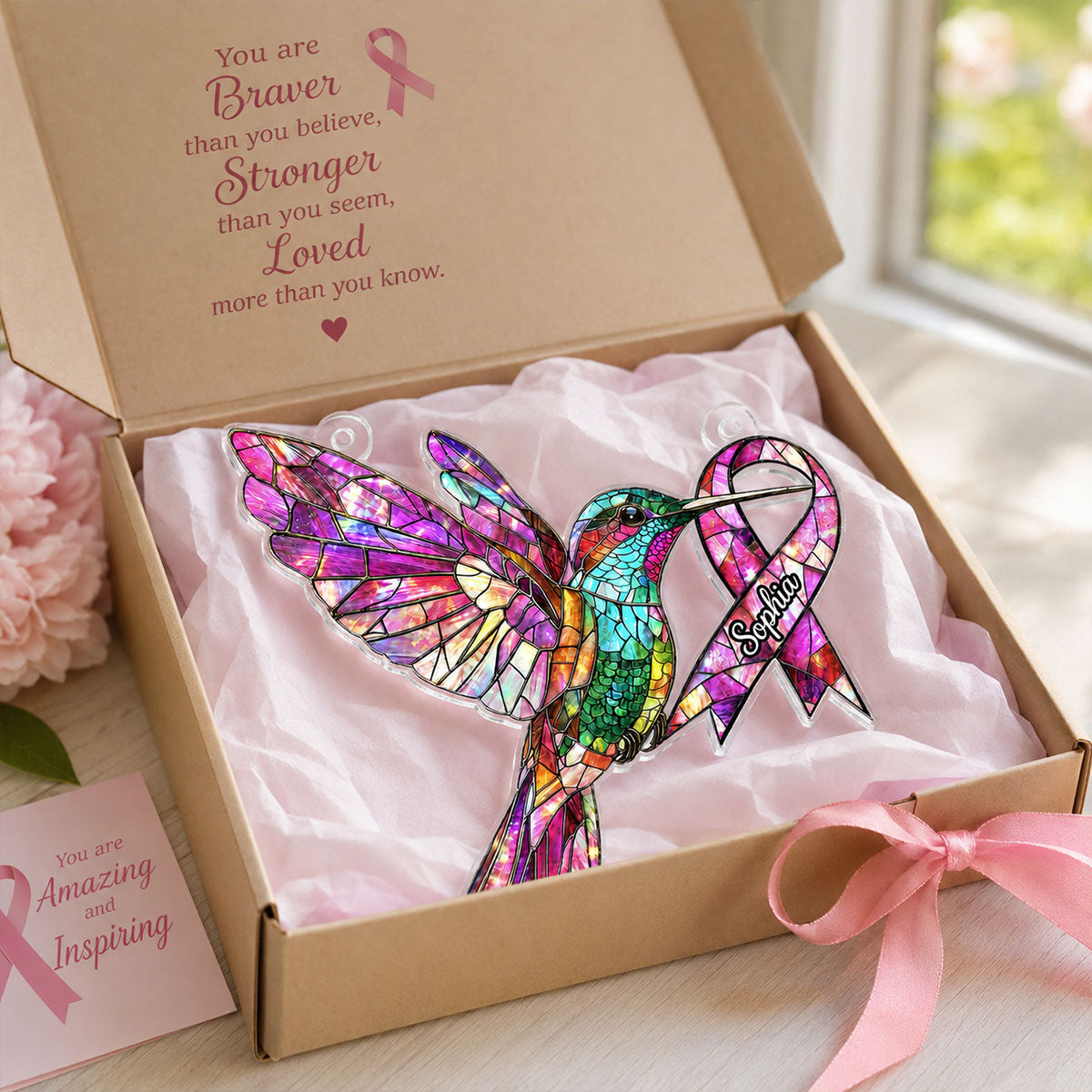 Hummingbird Pink Ribbon Custom Name - Personalized Acrylic Window Hanger - Breast Cancer Awareness Gift
