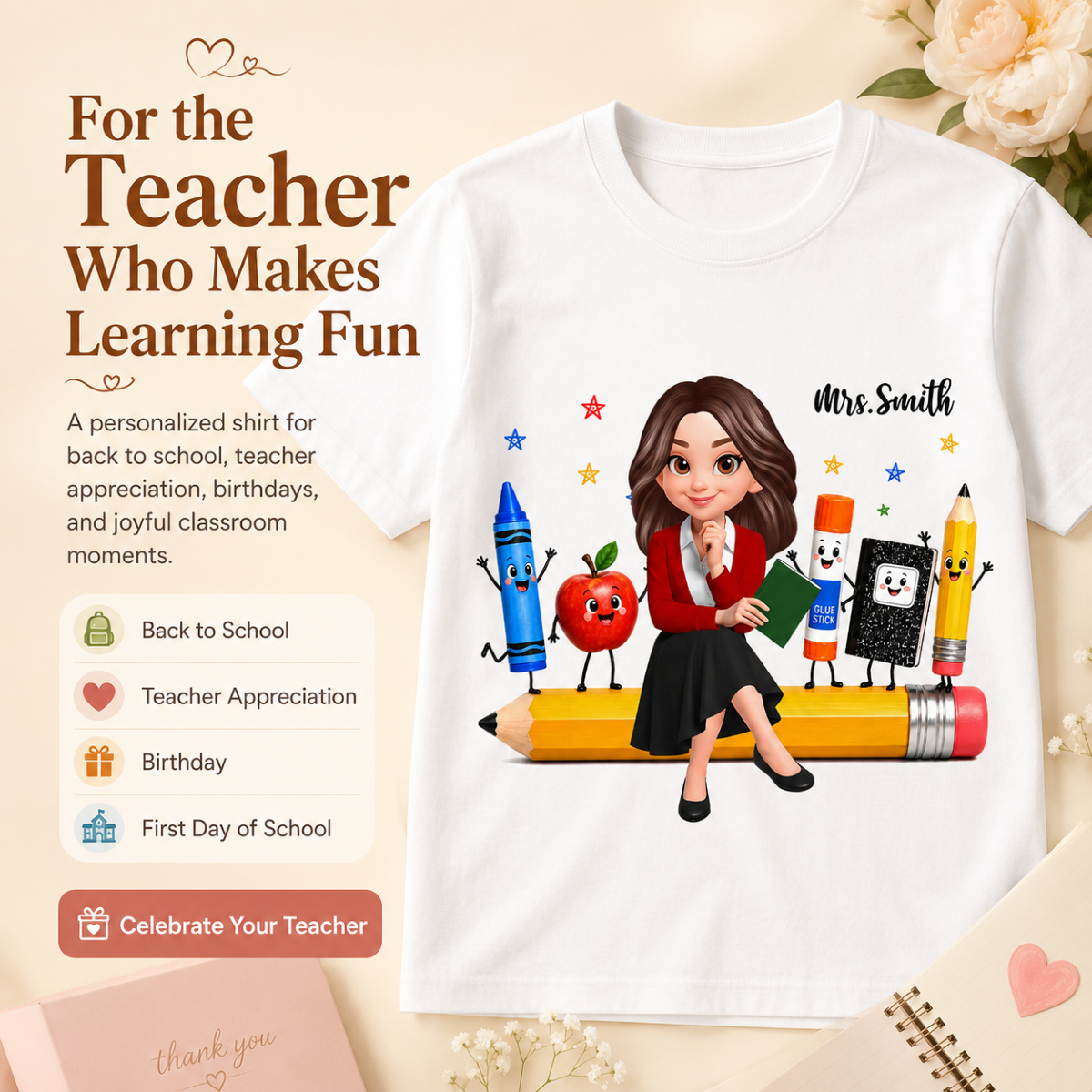 Funny Teacher Life Happy School Supplies Friends - Personalized Shirt - Back To School Gift For Teacher