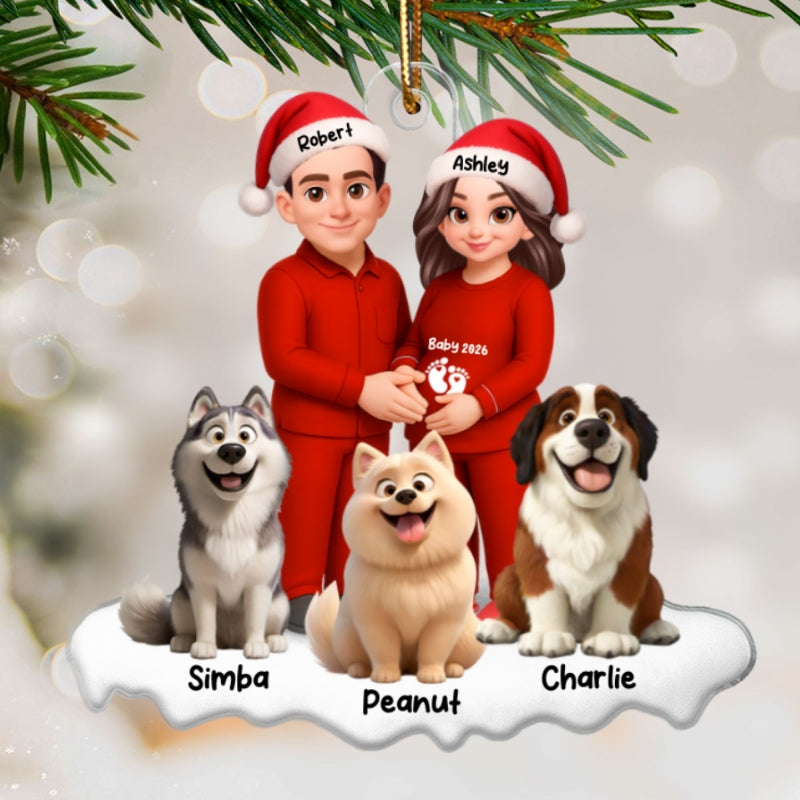 Expecting Parents Christmas Pregnancy Baby Arriving With Dogs - Personalized Acrylic Ornament