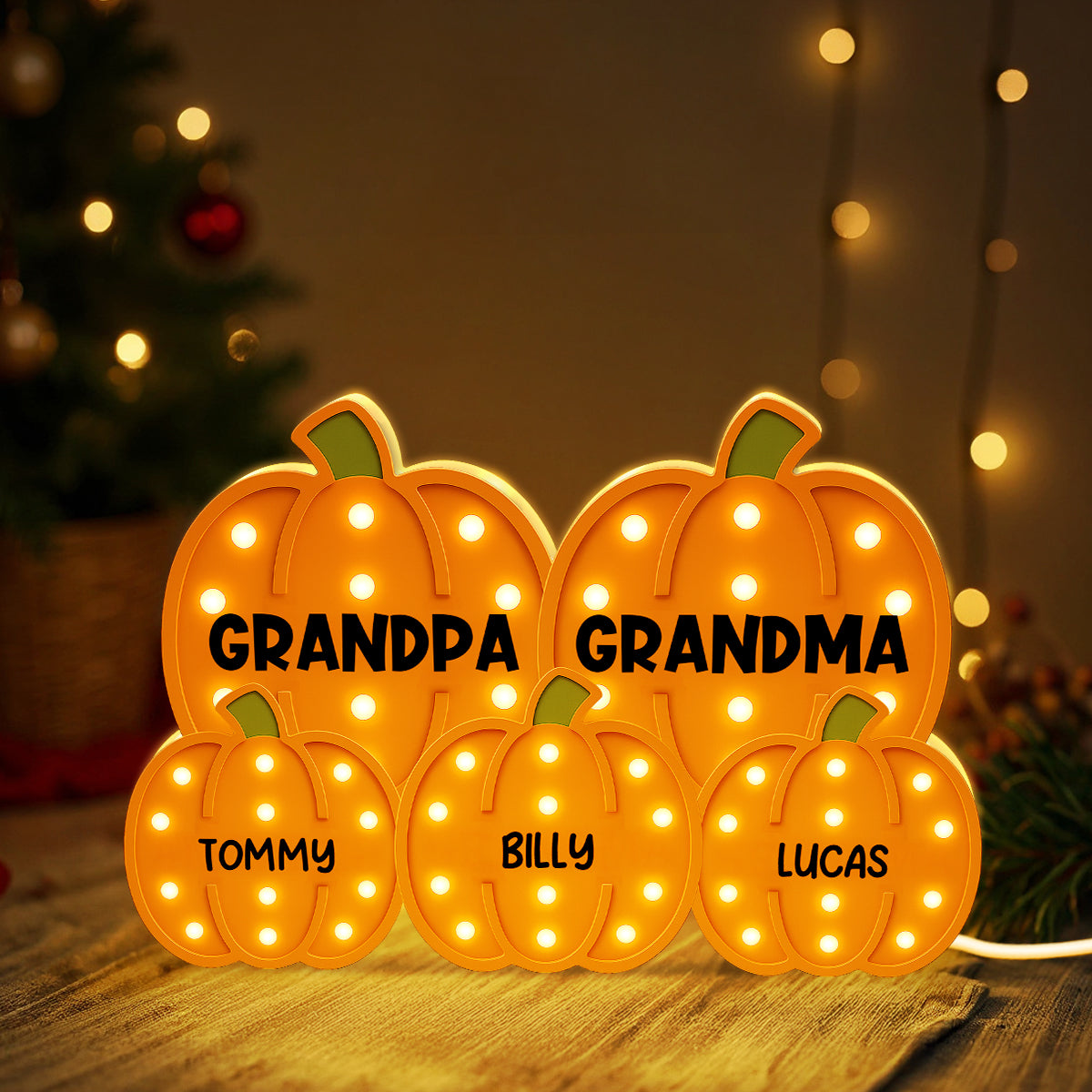 3D Effect Grandma Grandpa Grandkids Pumpkin Patch Marquee Pattern - Personalized Light Box - Cozy Fall Home Decor