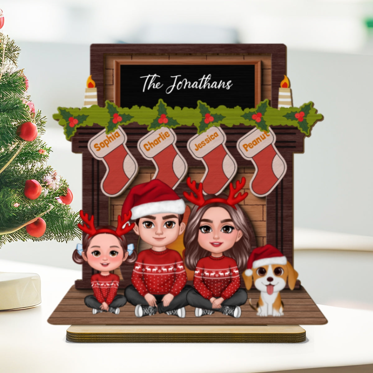 Whole Family Sitting At Christmas Fireplace Personalized 2-Layer Standing Wooden Plaque