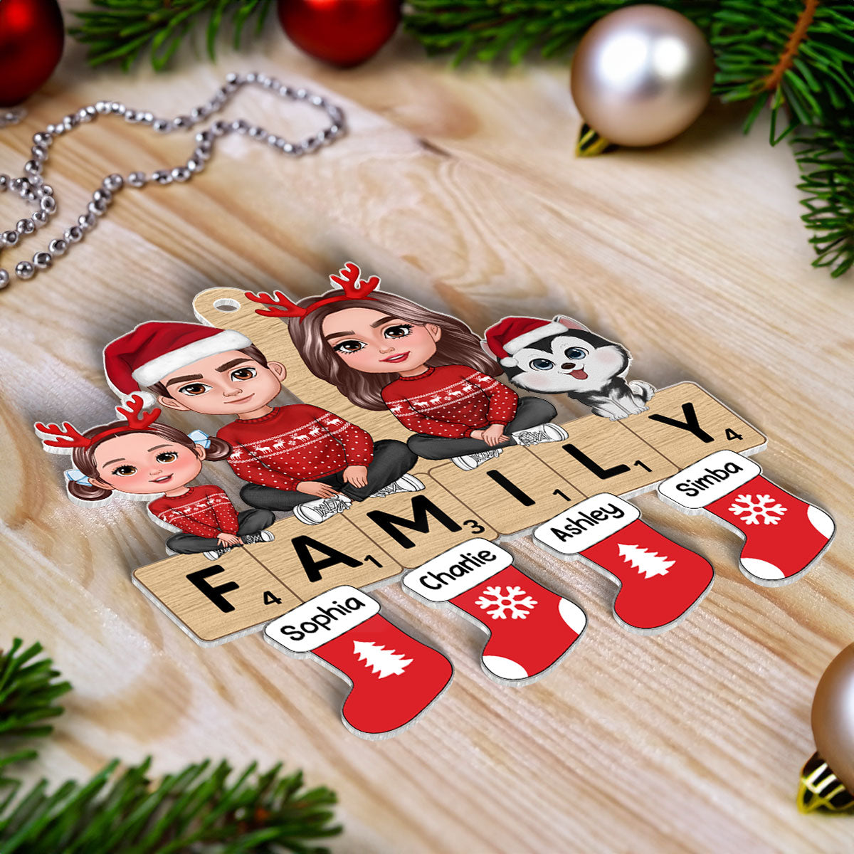 Doll Family Sisting On Word Puzzle Personalized Acrylic Ornament, Christmas Decoration