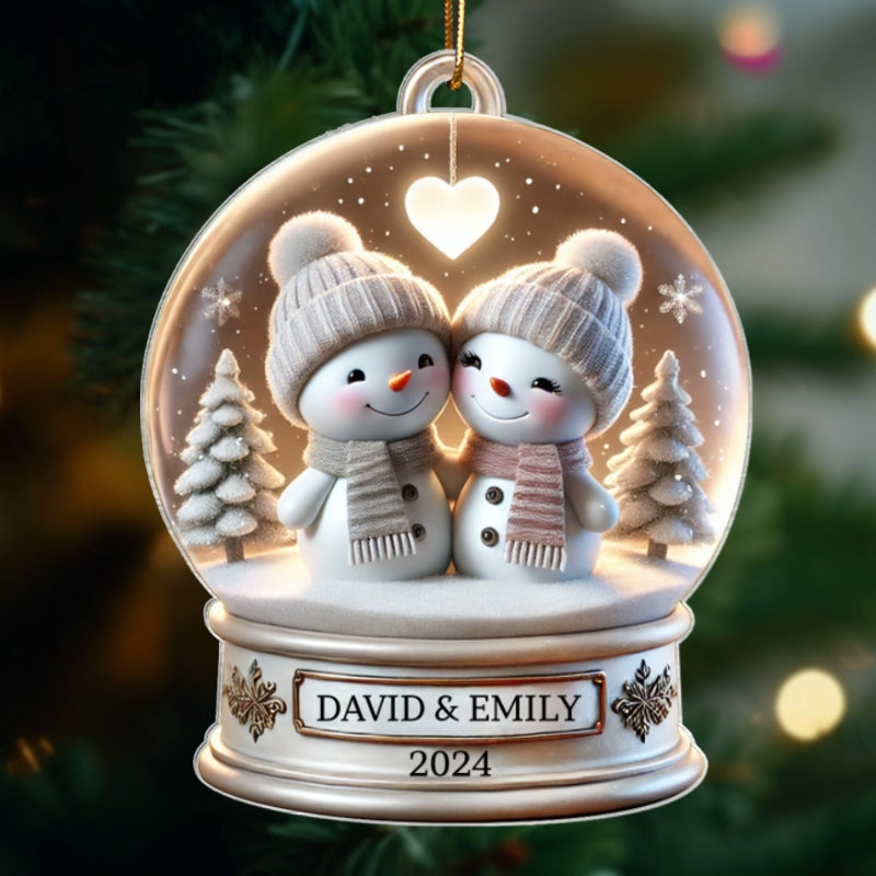Snow Globe Snowman Couple White Christmas Acrylic Ornament, Personalized Couple 3D Effect Ornament, Christmas Gift For Married Engaged Couples, For Couples