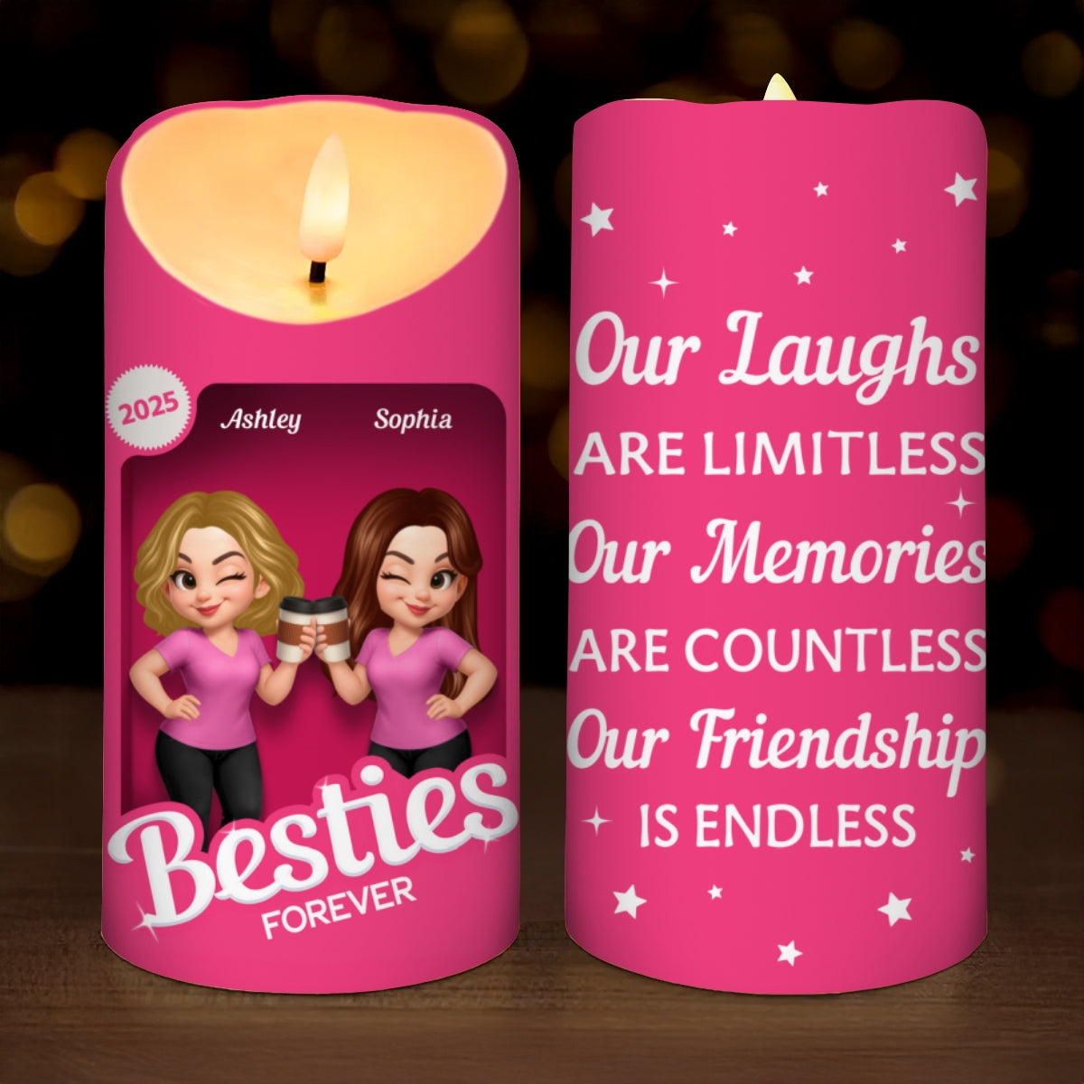 Pink Besties Our Friendship Is Endless Christmas Personalized LED Candle