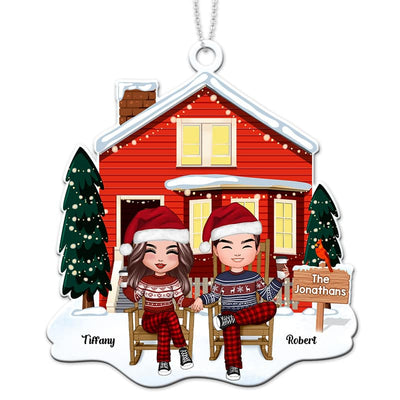 Couple Sitting In Front House Personalized Wooden Ornament