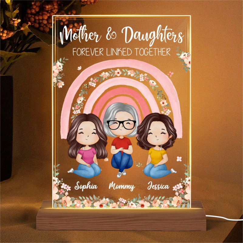 Mother Daughter Forever Linked Together Watercolor Style Women Floral Rainbow Personalized Rectangle Acrylic Plaque LED Night Light