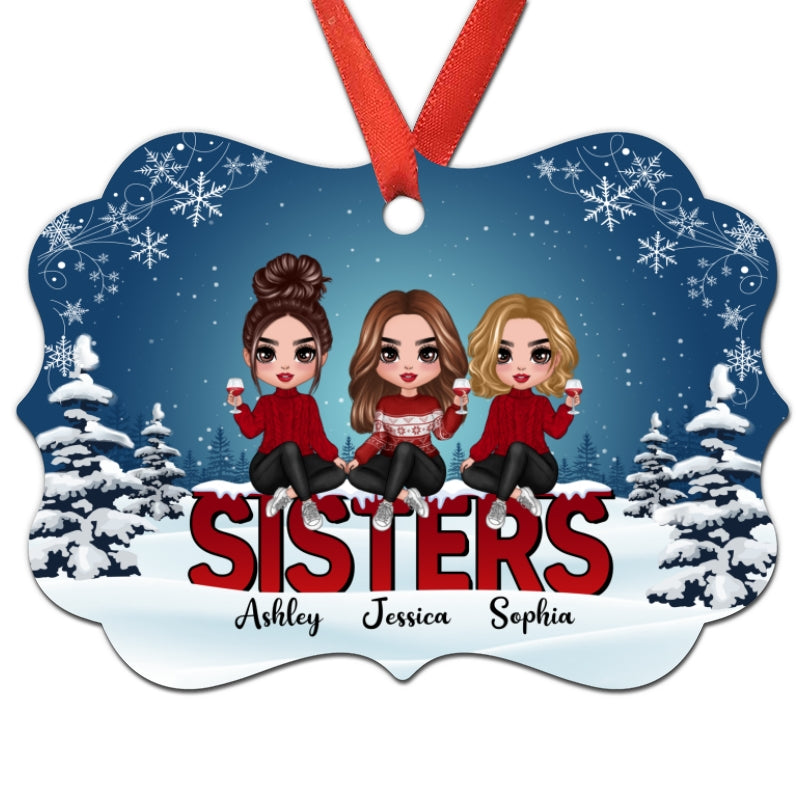 Doll Sisters Sitting On Word Christmas Personalized Christmas Ornament