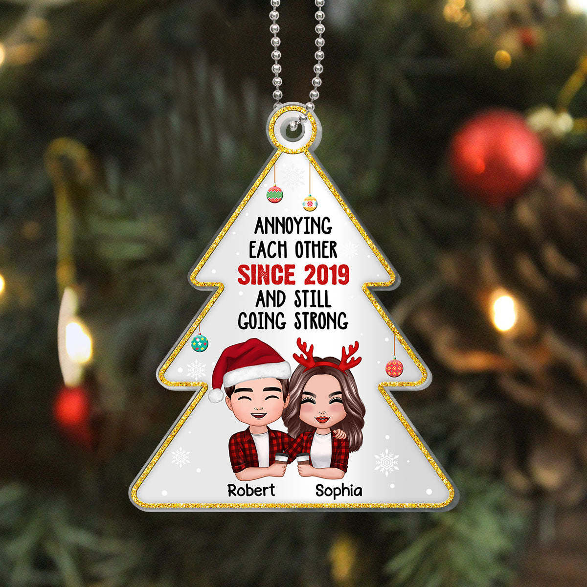 Annoying Each Other Since Doll Couple Hugging Holding Drinks Personalized Christmas Tree Shaped Acrylic Ornament