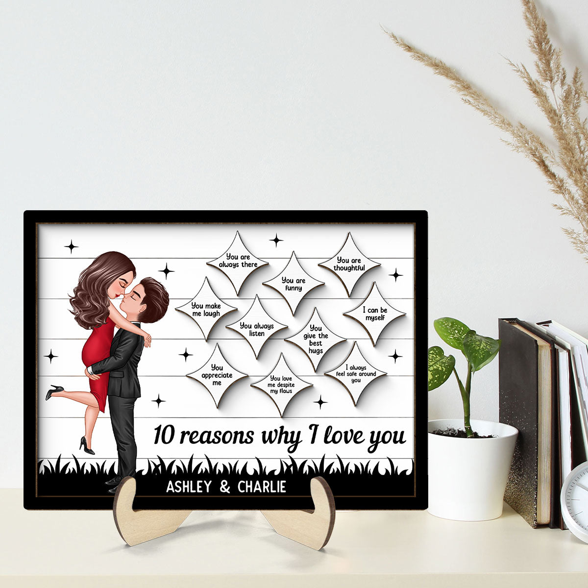 Couple Kissing Star Sky Reasons I Love You Personalized 2-layer Wooden Plaque