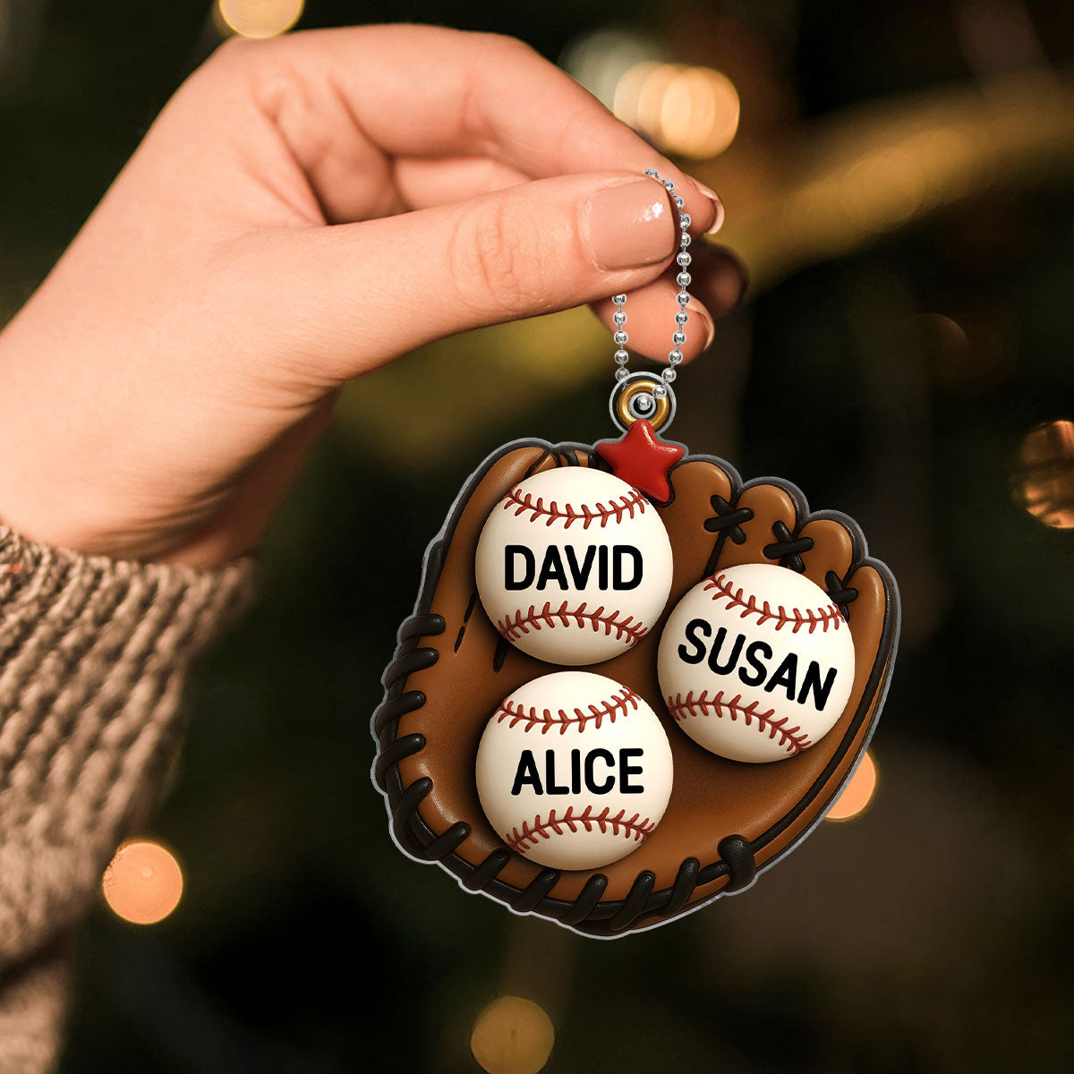 3D Effect Baseball, Softball Gloves Family Members' Names Personalized Acrylic Ornament, Christmas Tree Decoration
