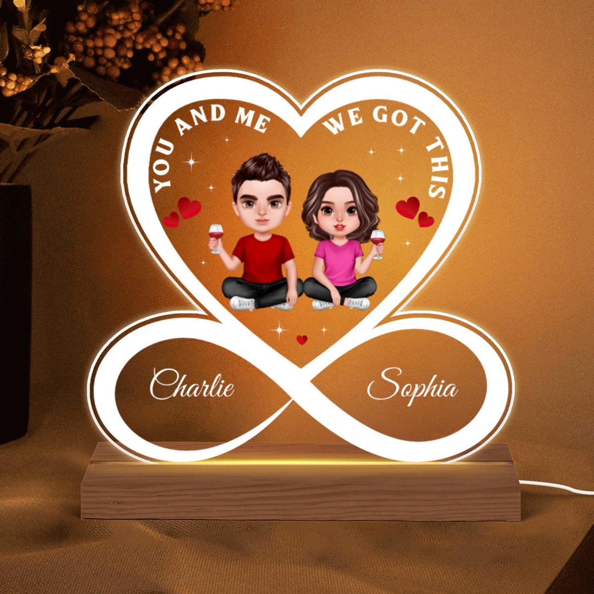 Infinity Heart Couple Doll Realistic Personalized Custom Shape Acrylic Plaque With LED Night Light - Anniversary Gift For Couple - Gift For Him Gift For Her