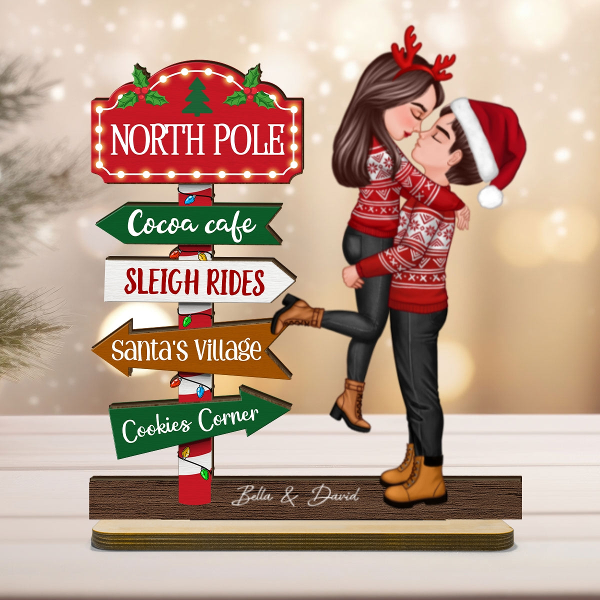 Couple Hugging North Pole Sign Christmas Decor Personalized 2-Layer Standing Wooden Plaque