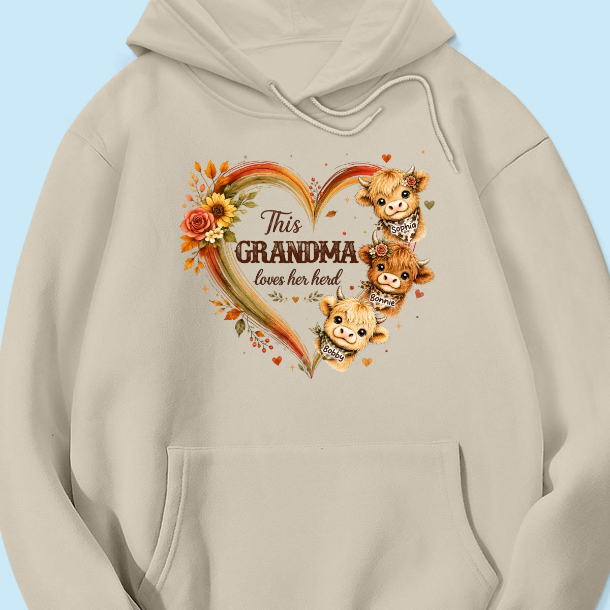 Grandma Herd Heart Highland Cow - Personalized Shirt - Cozy Fall Shirt for Grandma