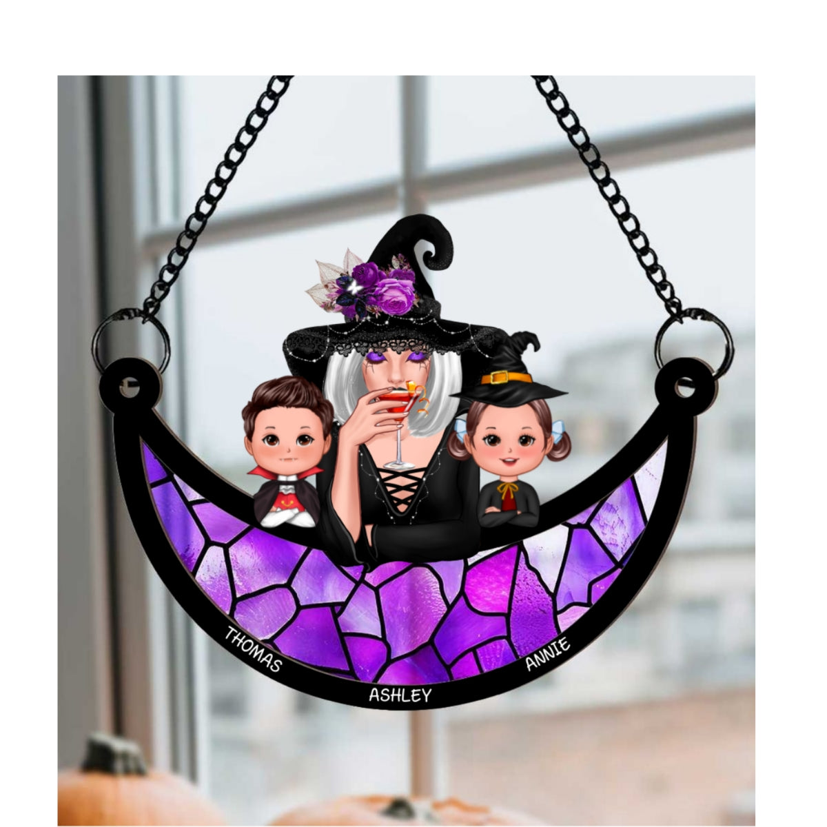 Grandma Grandkids Halloween Moon Personalized Suncatcher