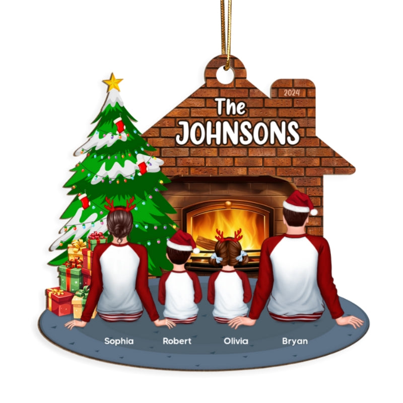 Pajamas Whole Family Sitting At Fireplace Personalized Wooden Ornament