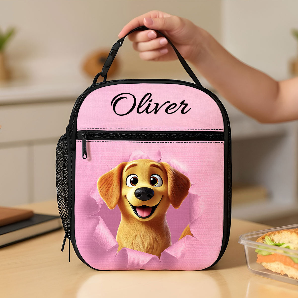 Cute Cartoon Dog Custom Name Personalized Insulated Kid Lunch Bag, Back to School Lunch Bag for Kids