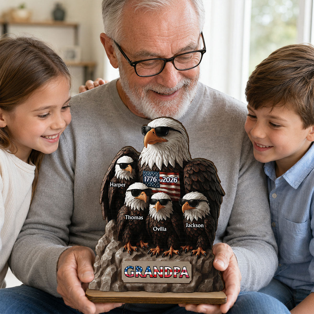 America 250th Anniversary Patriotic Eagle Grandpa Dad & Kids - Personalized 2-Layered Wooden Plaque - Father's Day Gift, 250th Anniversary Gift, Keepsake For Grandpa, Dad