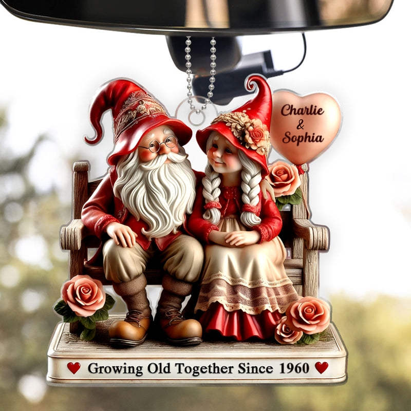 3D Effect Gnome Old Couple Sitting On Bench Personalized Car Hanger Ornament, Valenine's Day Gift For Couple, For Him, For Her, Husband, Wife
