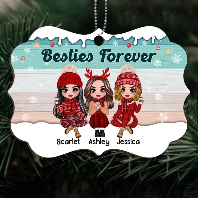 Snow Wooden Doll Sisters Best Friends Personalized Wooden Ornament