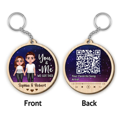 Doll Couple Standing Galaxy Favorite Song QR Code Personalized Circle Wooden Keychain