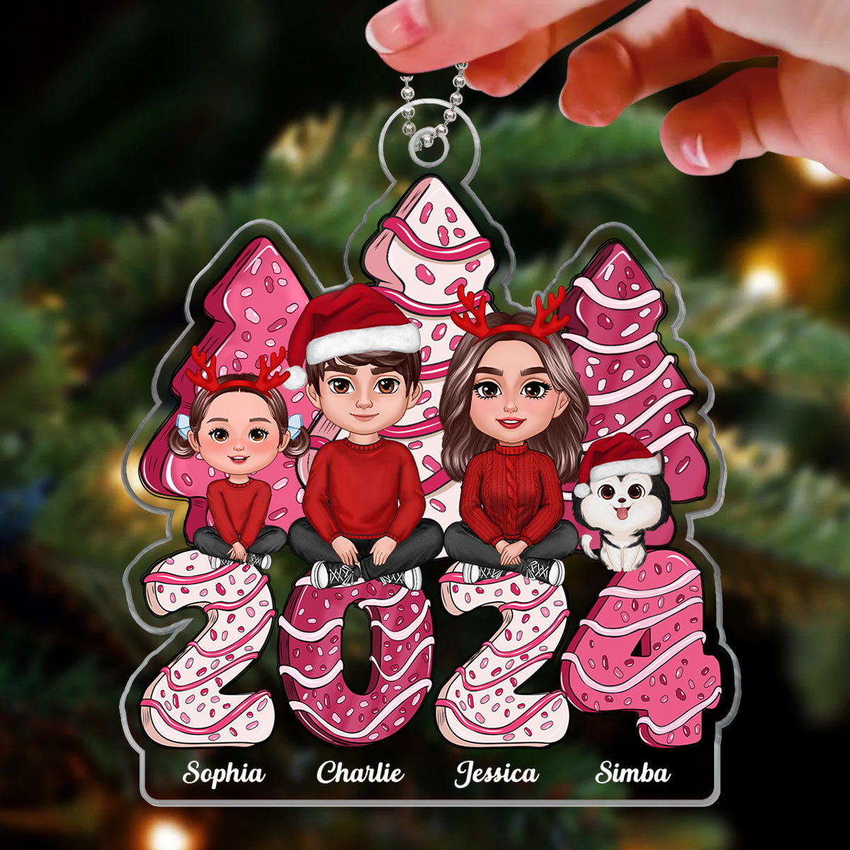 Family Crossed Legs Sitting Pink Christmas Tree Cake Patterned Personalized Acrylic Ornament