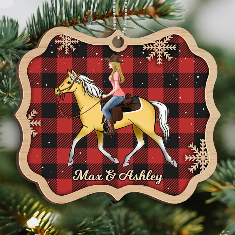 Girl Riding Horse Checkered Personalized Wooden Ornament