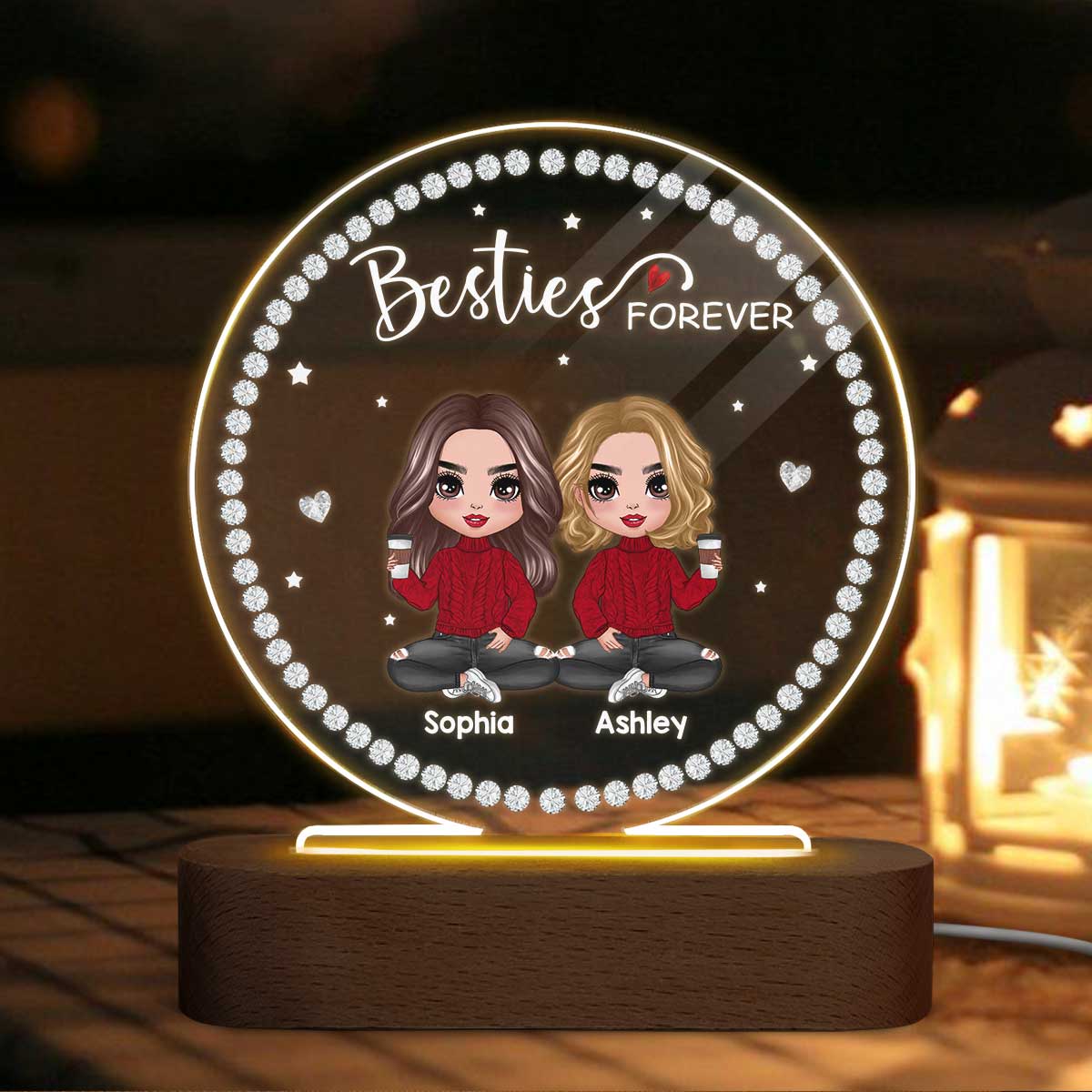 Best Friends Sisters Jewelry Stone Personalized Circle Plaque LED Night Light