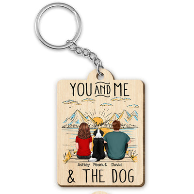 Outline Background Back View Couple And Dogs Personalized Wooden Keychain