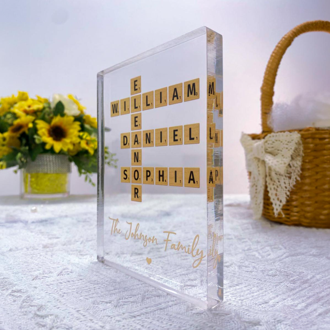 Family Crossword Art Created In A Moment, Treasured Forever - Personalized Acrylic Block Plaque