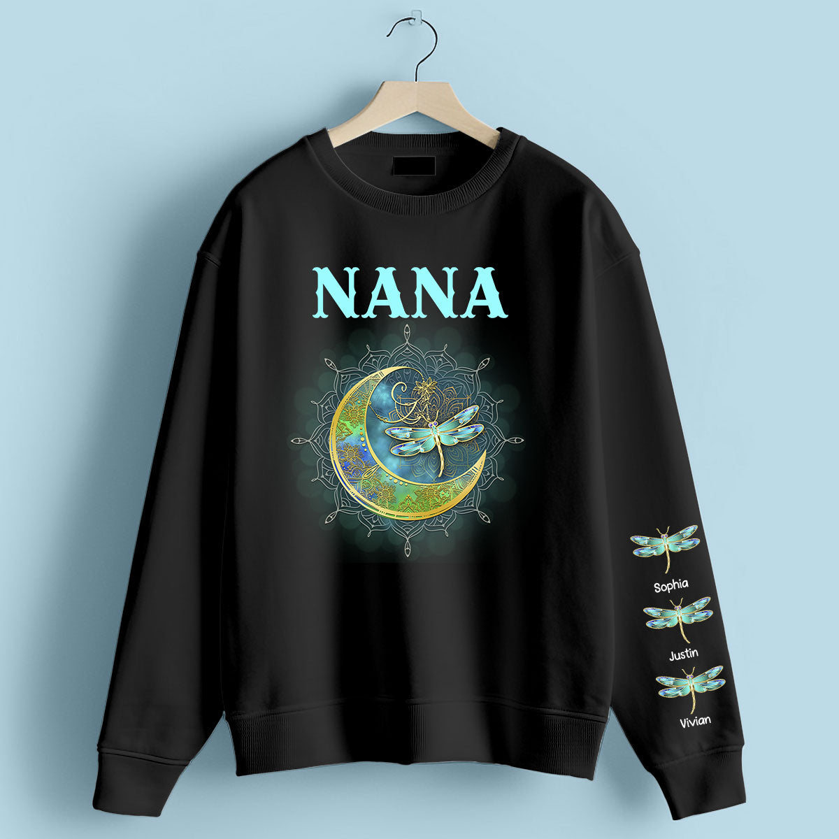 Grandma Mom Moon Mandala Dragonflies Personalized Sleeve Printed Sweatshirt