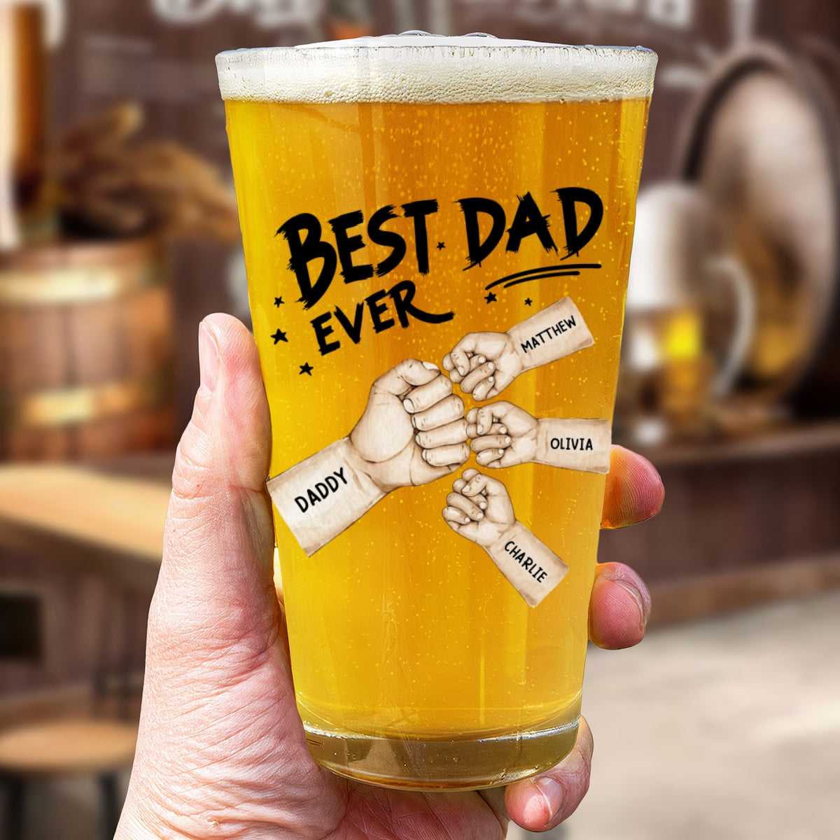 Best Dad Ever Fist Bump Personalized Beer Glass, Unique Birthday Gift For Dad, Father's Day Gift