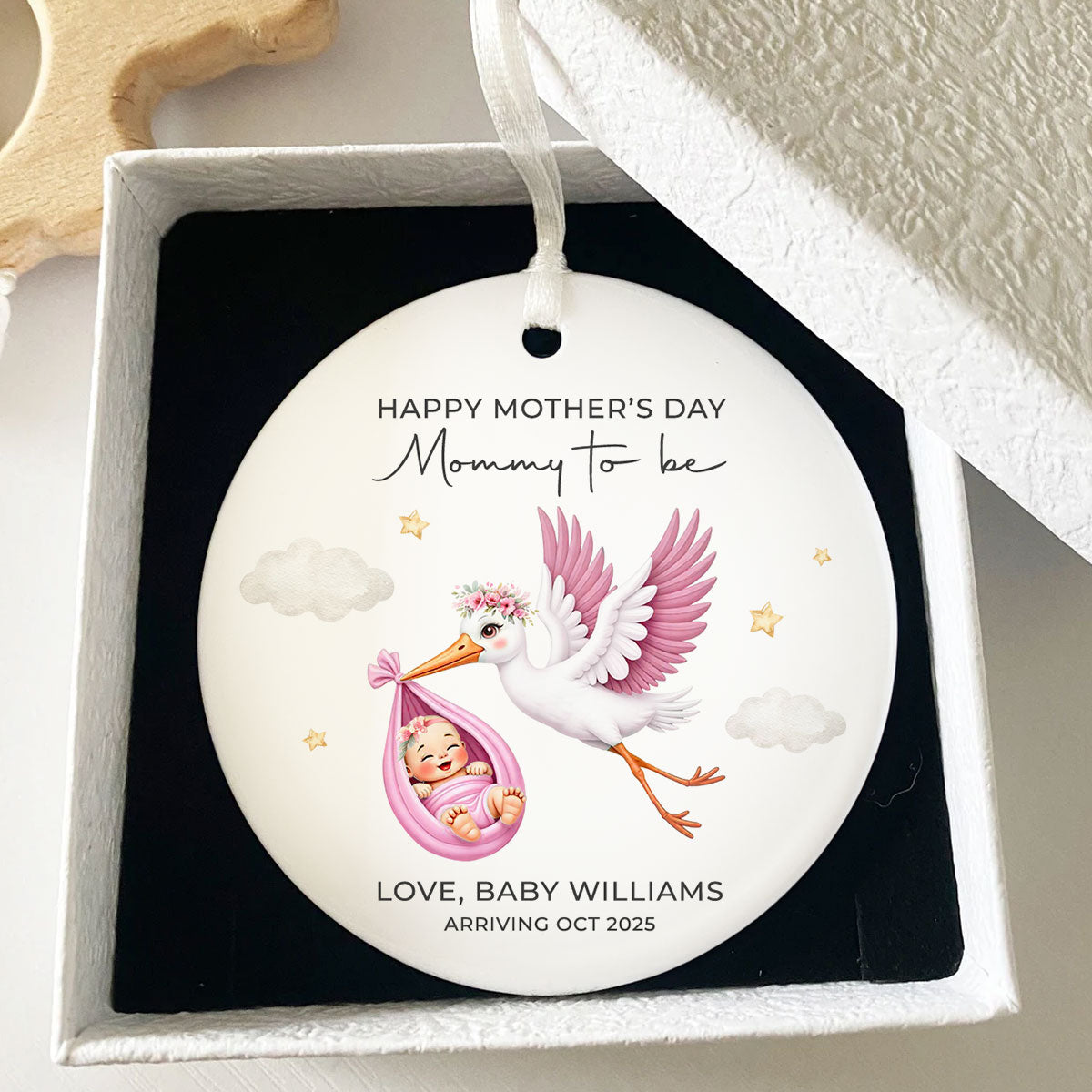 Cute Stork And Baby Mommy to be, Personalized Ceramic Ornament, Heartfelt First Gift for Pregnant Mom