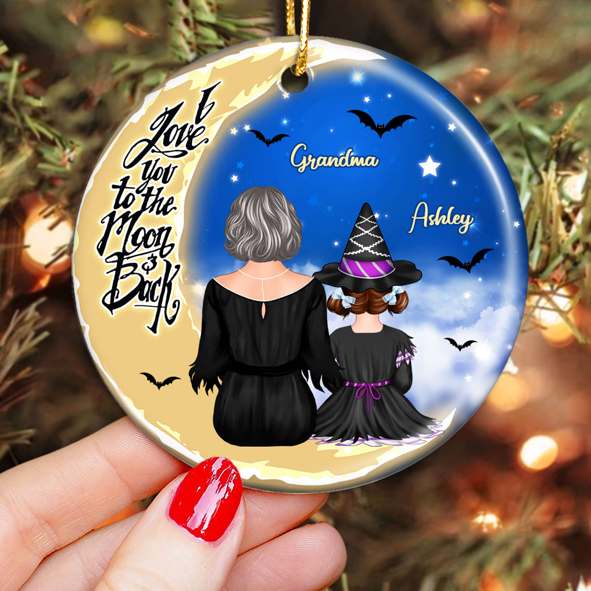 Grandma Grandkids On Moon Back View Halloween Personalized Circle Ornament