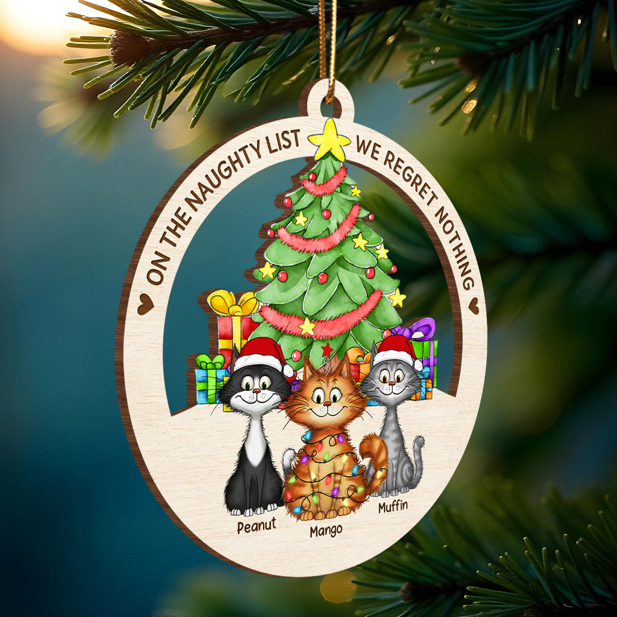 Christmas Tree Quirky Cat On The Naughty List We Regret Nothing Wooden Ornament, Personalized Christmas Cat Ornament