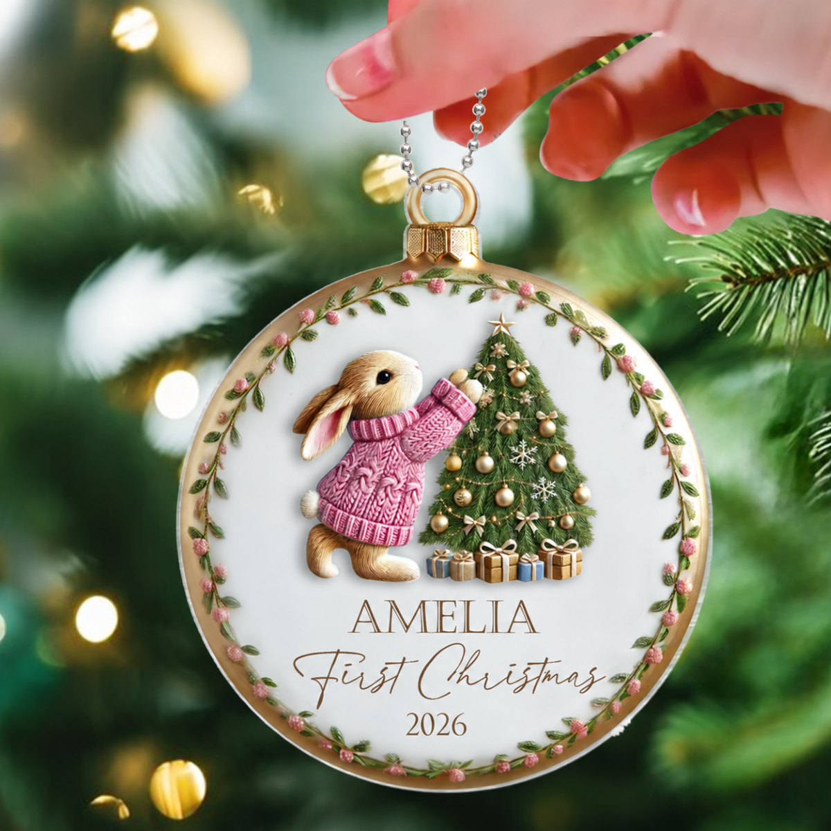 Baby's First Christmas Cute Pink Blue Bunny Rabbit For Baby Boy Girl Personalized Acrylic Ornament, New Parents Keepsake, Gift For Newborn