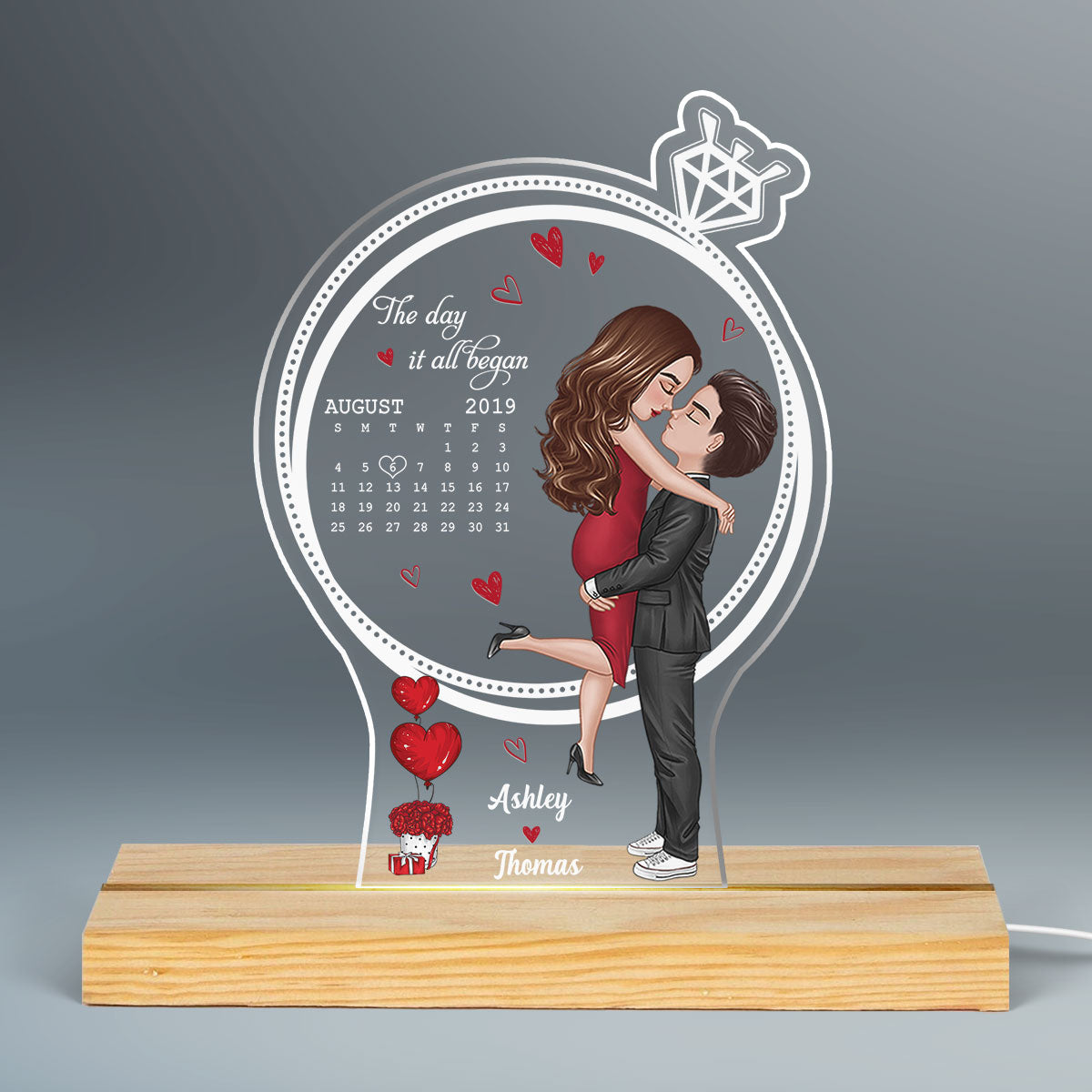 Doll Couple Hugging Kissing Ring Shape Calendar Anniversary Date Personalized Custom Shape LED Night Light