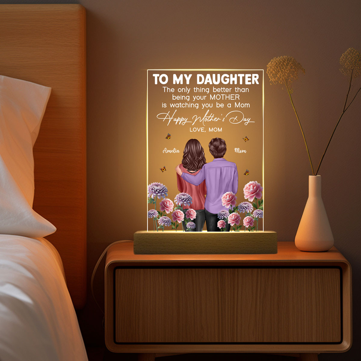 To My Daughter From Mom Happy Mother's Day Birth Flower Personalized Acrylic Plaque With LED Night Light, Gift For Daughter