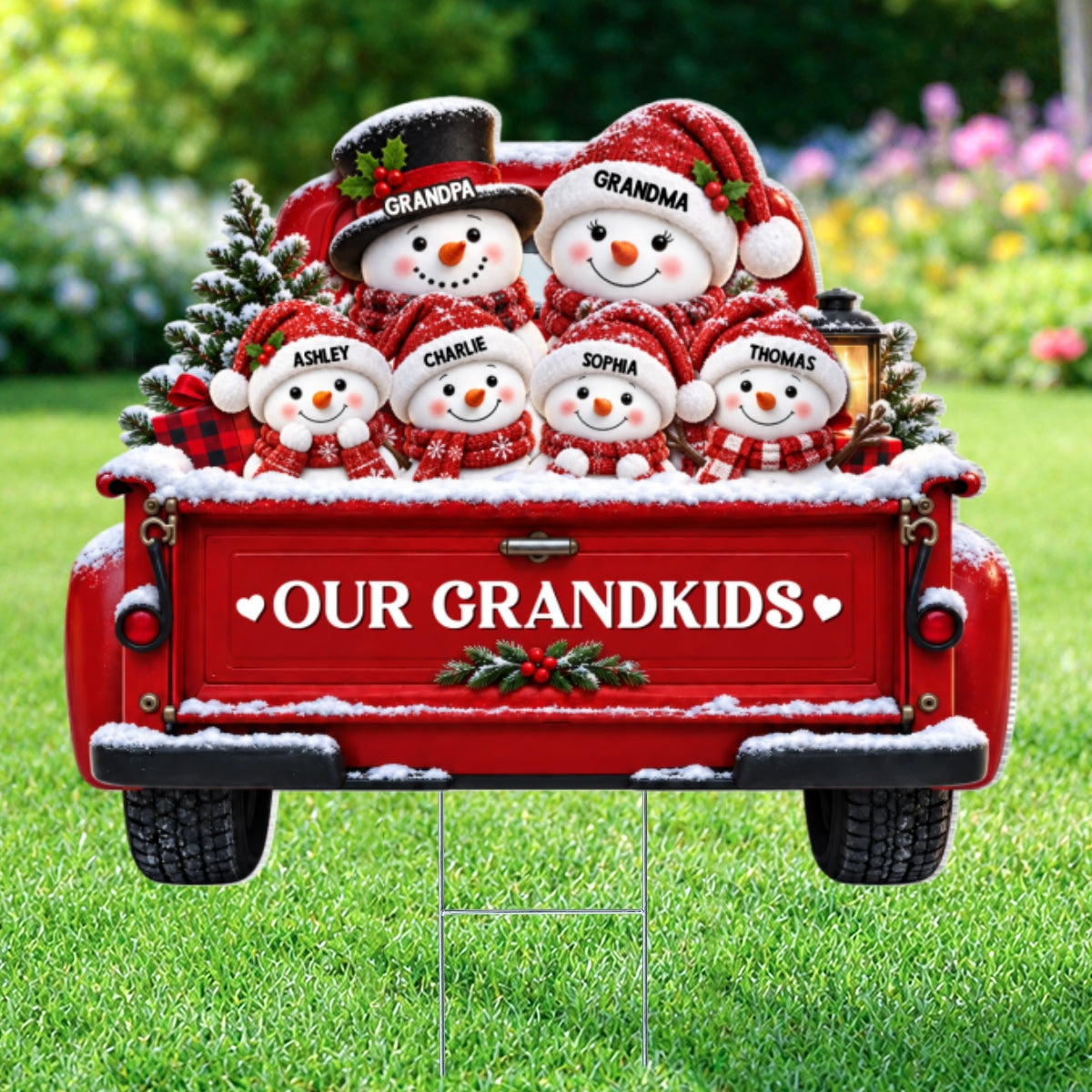 Christmas Cute Snowman Truck Grandpa Grandma Grandkids - Personalized Yard Sign - Christmas Decor For Grandparents