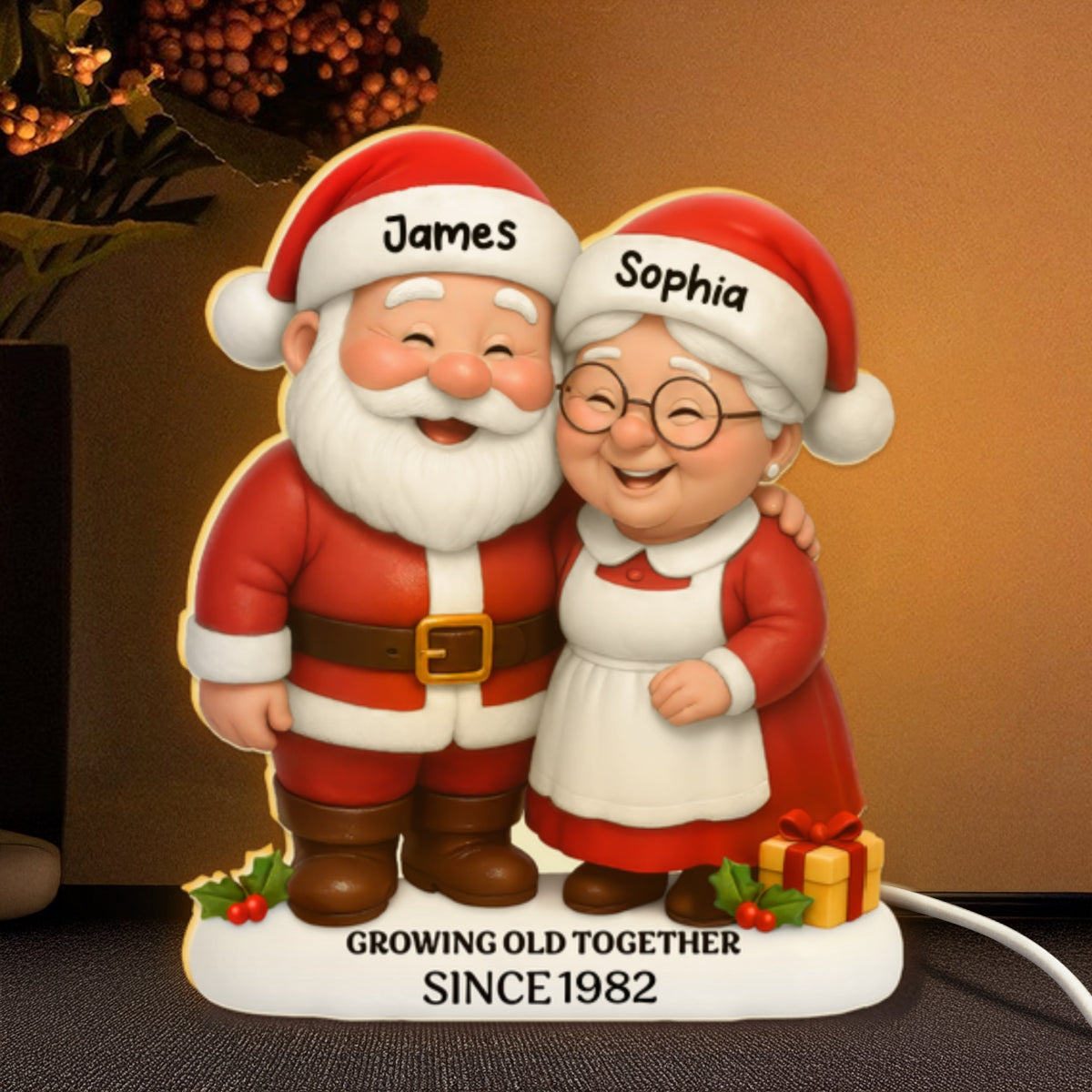 Christmas Santa Couple Growing Old Together - Personalized Light Box - Gift For Couple