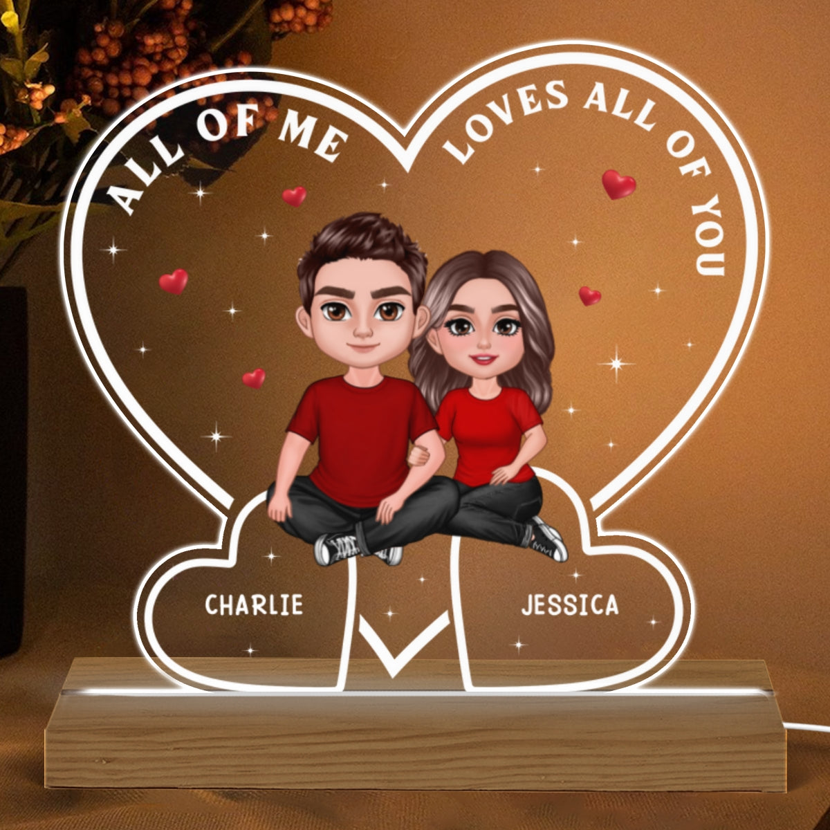 Doll Couple Embracing Sitting In Hearts Personalized Custom Shape Acrylic LED Night Light