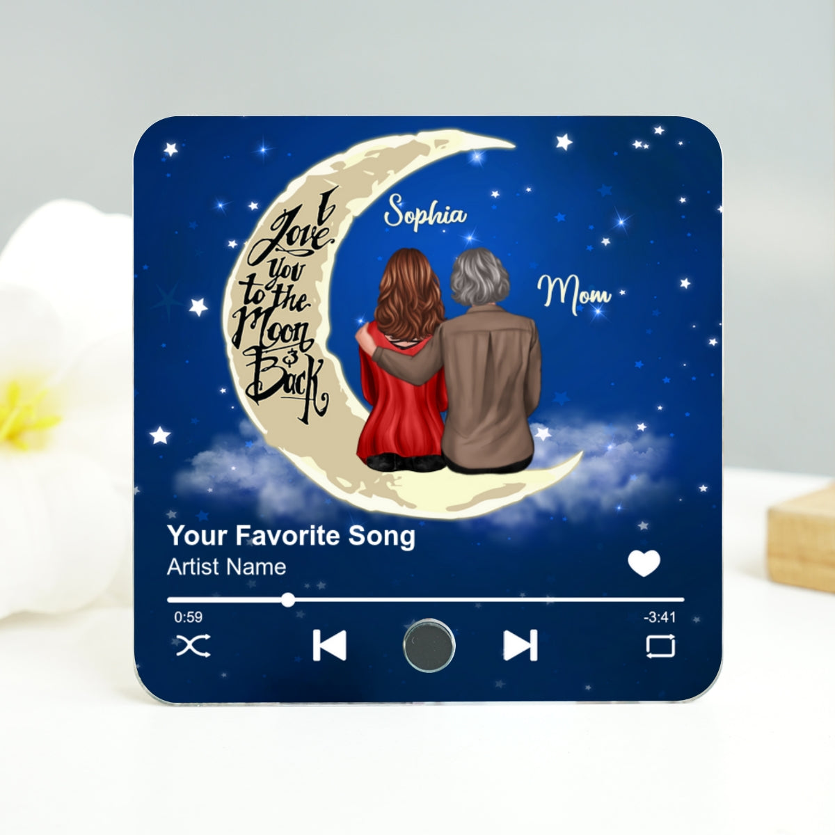 Mom & Son Daughter Sitting I Love You To The Moon And Back Personalized Music Fridge Magnet
