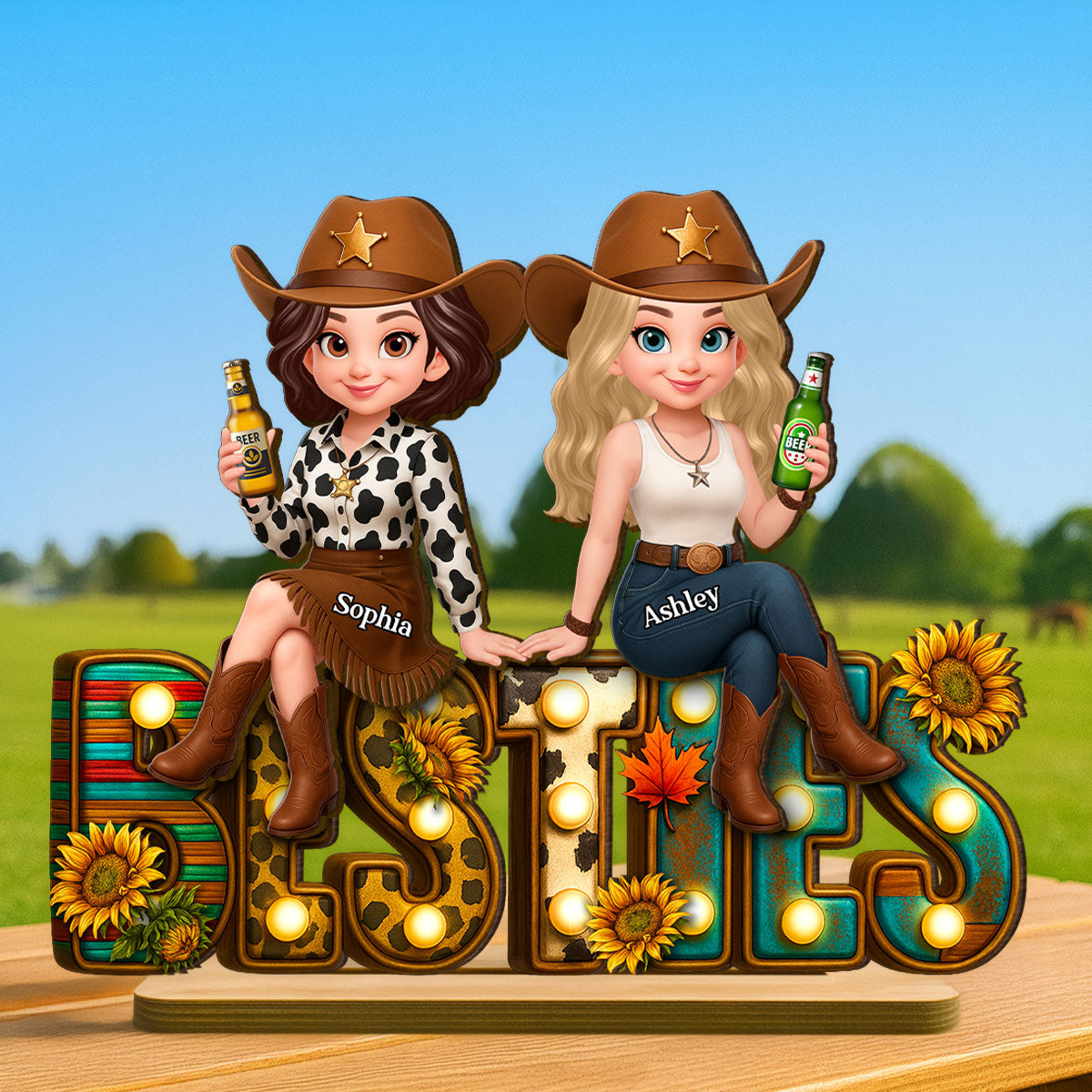 Leopard Marquee Western Besties Personalized Wooden Plaque - Fall Gift for Best Friends