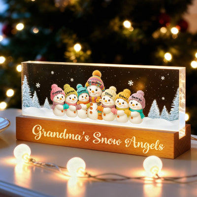 Grandma Snow Angels Snowman - Personalized Block LED Night Light - Christmas Gift for Grandmas