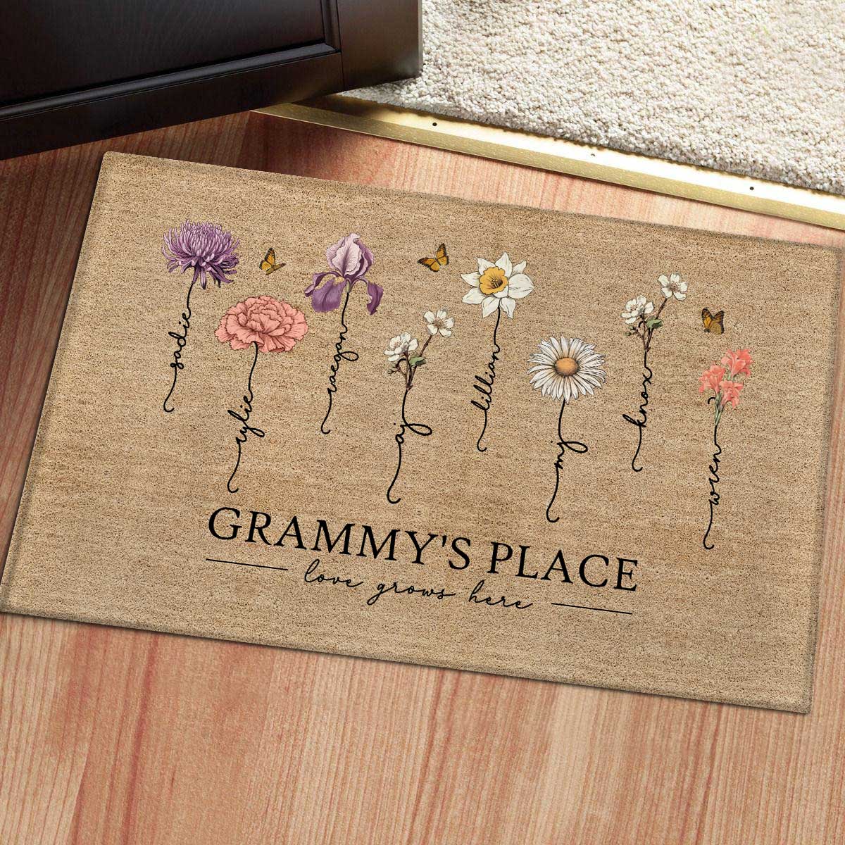 Grandma‘s Garden Love Grows Here Vintage Birth Flower Swirl Name - Personalized Doormat - Gift For Her, Grandma, Mom